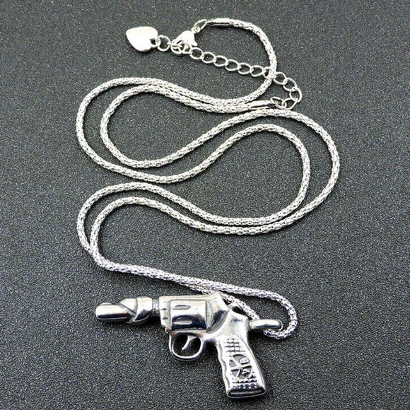 UNISEX Graphic Silver GUN with PEACE Sign Design Pendant Necklace - Picture 5 of 6